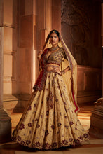 Load image into Gallery viewer, GOLD TISSUE LEHENGA CHOLI AND BELT WITH CONTRASTING RED TULLE DUPATTA AND OPTIONAL GOLD TISSUE SECOND DUPATTA
