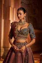 Load image into Gallery viewer, WINE TAFETTA LEHENGA AND BELT WITH NAVY CHOLI AND WINE TISSUE DUPATTA
