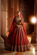 Load image into Gallery viewer, DEEP RED RAW SILK LEHENGA WITH GOLD CHOLI AND TULLE DUPATTA
