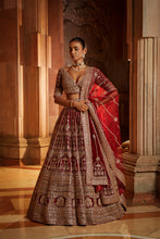 Load image into Gallery viewer, MAROON RAW SILK LEHENGA CHOLI AND WORKED BELT WITH TULLE DUPATTA
