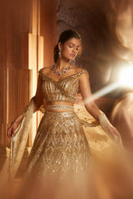 Load image into Gallery viewer, CHAMPAGNE GOLD TULLE LEHENGA CHOLI  DUPATTA SET WITH WORKED BELT
