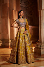 Load image into Gallery viewer, MUSTARD TAFETTA LEHENGA PURPLE CHOLI ORGANZA SET
