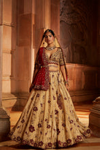 Load image into Gallery viewer, GOLD TISSUE LEHENGA CHOLI AND BELT WITH CONTRASTING RED TULLE DUPATTA AND OPTIONAL GOLD TISSUE SECOND DUPATTA
