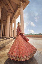 Load image into Gallery viewer, RUST TAFETTA LEHENGA WITH OLIVE CHOLI, MAROON TISSUE DUPATTA AND BELT
