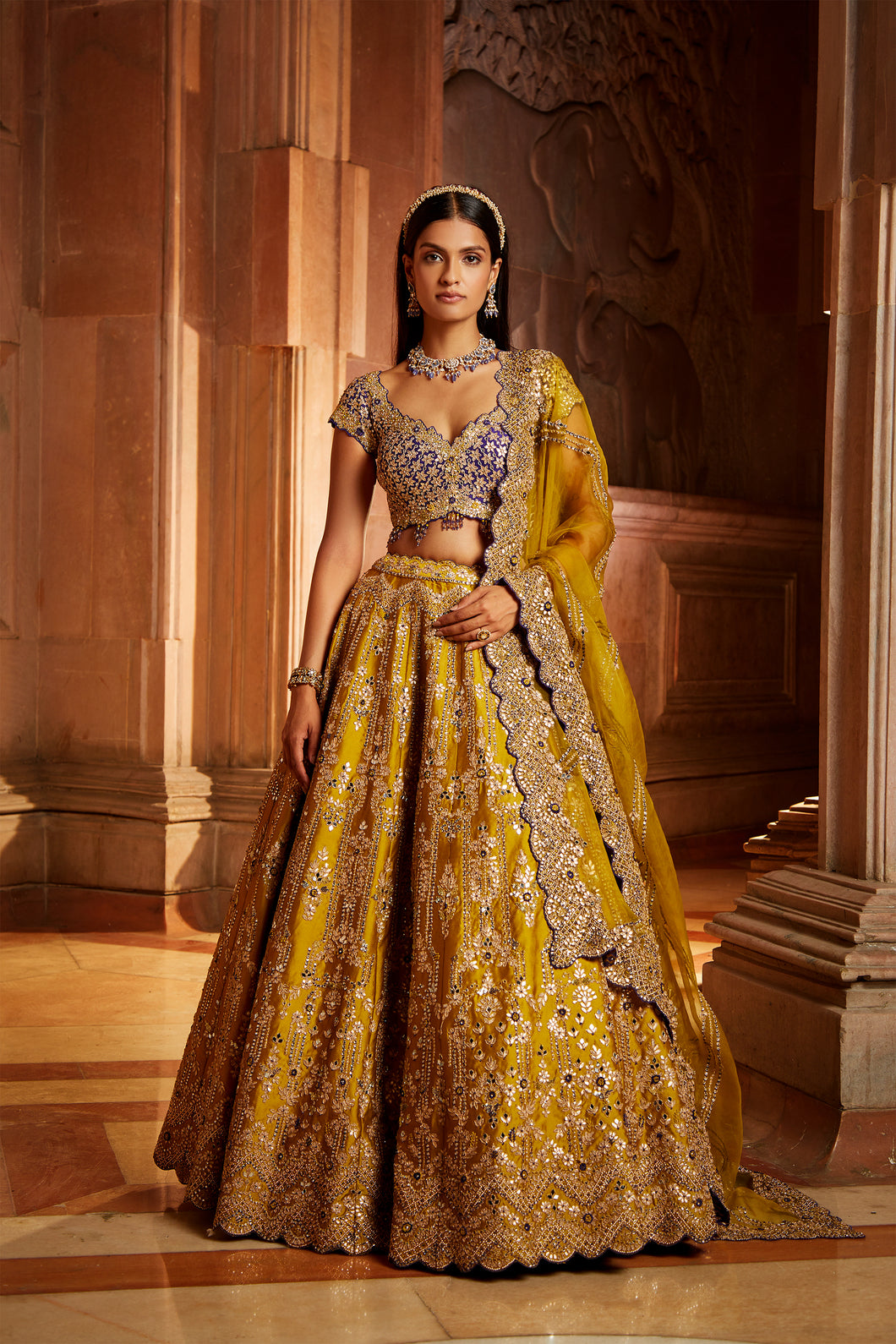 MUSTARD TAFETTA LEHENGA PURPLE CHOLI ORGANZA SET