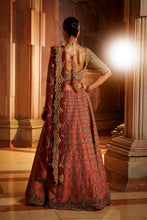 Load image into Gallery viewer, RUST TAFETTA LEHENGA WITH OLIVE CHOLI, MAROON TISSUE DUPATTA AND BELT
