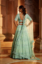 Load image into Gallery viewer, VIBRANT MINT GREEN TULLE LEHENGA CHOLI DUPATAA WITH A WORKED BELT
