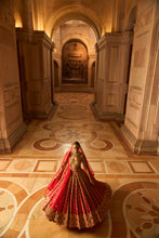 Load image into Gallery viewer, DEEP RED RAW SILK LEHENGA WITH GOLD CHOLI AND TULLE DUPATTA
