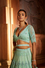 Load image into Gallery viewer, VIBRANT MINT GREEN TULLE LEHENGA CHOLI DUPATAA WITH A WORKED BELT
