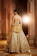 Load image into Gallery viewer, GOLD TULLE LEHENGA CHOLI DUPATTA SET WITH WORKED BELT
