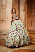 Load image into Gallery viewer, MINT GREEN TULLE LEHENGA CHOLI DUPATTA WITH A WORKED BELT
