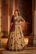 Load image into Gallery viewer, GOLD TISSUE LEHENGA CHOLI AND BELT WITH CONTRASTING RED TULLE DUPATTA AND OPTIONAL GOLD TISSUE SECOND DUPATTA
