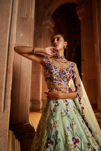 Load image into Gallery viewer, MINT GREEN TULLE LEHENGA CHOLI DUPATTA WITH A WORKED BELT
