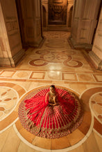 Load image into Gallery viewer, DEEP RED RAW SILK LEHENGA WITH GOLD CHOLI AND TULLE DUPATTA
