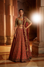 Load image into Gallery viewer, RUST TAFETTA LEHENGA WITH OLIVE CHOLI, MAROON TISSUE DUPATTA AND BELT
