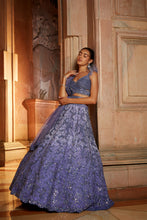Load image into Gallery viewer, INK BLUE OMBREY ORGANZA CHOLI DUPAATA WITH WORKED BELT

