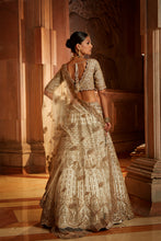 Load image into Gallery viewer, IVORY TAFETTA LEHENGA CHOLI SET WITH A TULLE DUPATTA AND OPTIONAL BANDHEJ SECOND DUPATTA
