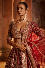 Load image into Gallery viewer, MAROON RAW SILK LEHENGA CHOLI AND WORKED BELT WITH TULLE DUPATTA
