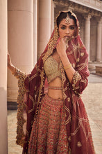 Load image into Gallery viewer, RUST TAFETTA LEHENGA WITH OLIVE CHOLI, MAROON TISSUE DUPATTA AND BELT
