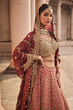 Load image into Gallery viewer, RUST TAFETTA LEHENGA WITH OLIVE CHOLI, MAROON TISSUE DUPATTA AND BELT
