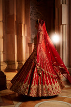 Load image into Gallery viewer, DEEP RED RAW SILK LEHENGA WITH GOLD CHOLI AND TULLE DUPATTA
