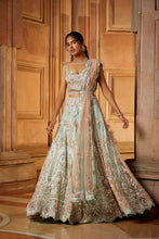 Load image into Gallery viewer, SOFT SAGE GREEN TULLE LEHENGA CHOLI AND BELT WITH A BLUSH INK DUPATTA
