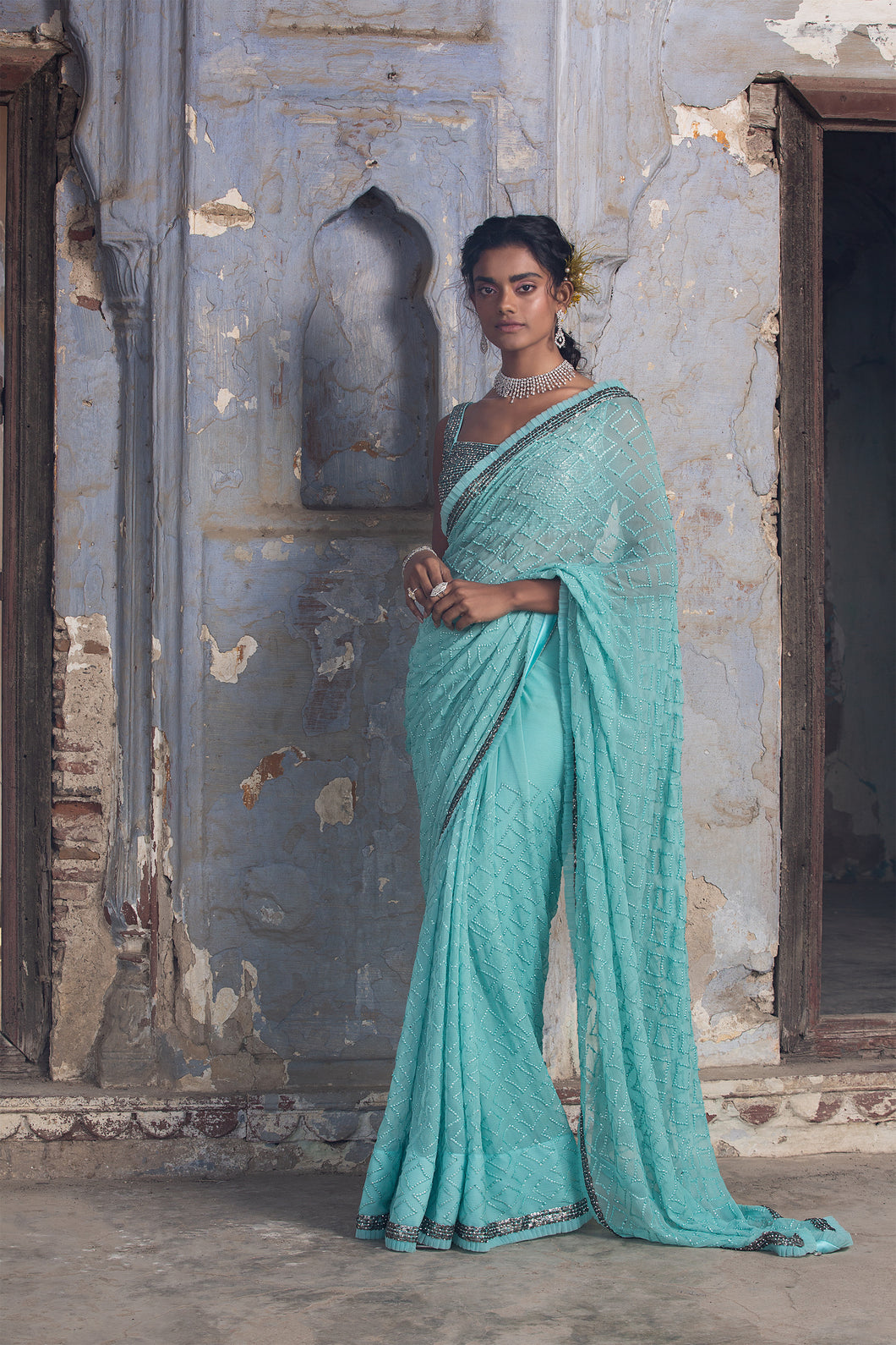 AQUA BLUE CHIFFON SAREE