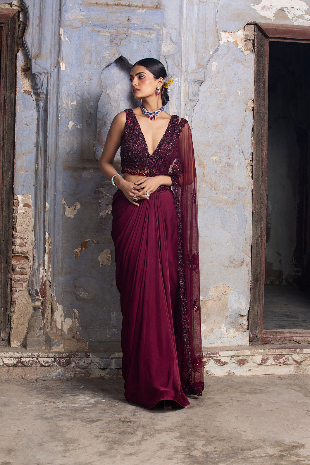 BURGUNDY SATIN DRAPE SAREE