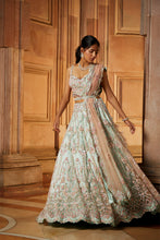 Load image into Gallery viewer, SOFT SAGE GREEN TULLE LEHENGA CHOLI AND BELT WITH A BLUSH INK DUPATTA
