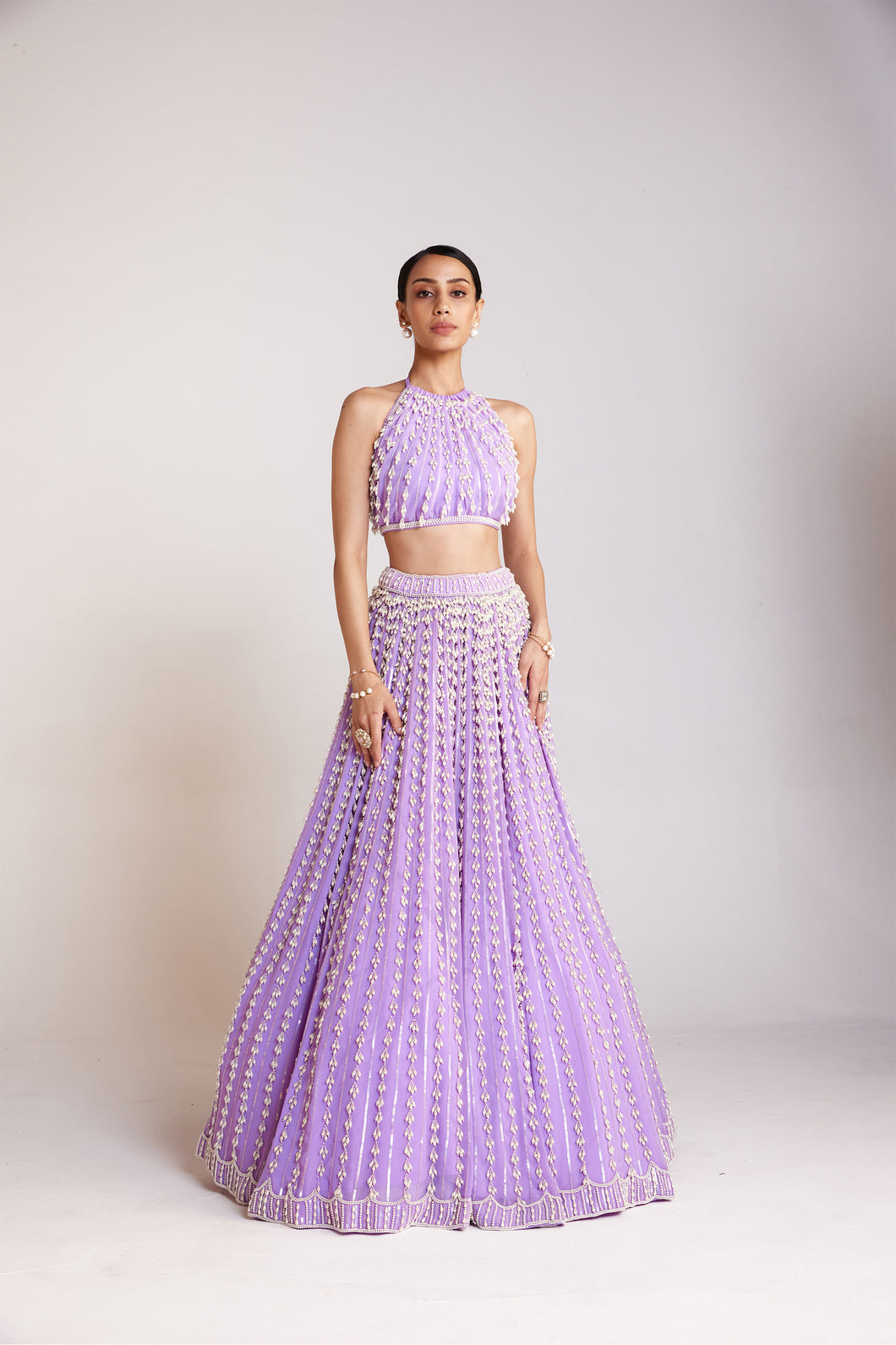 Lilac Chandelier Pearl Halter Neck Crop Top Skirt Set