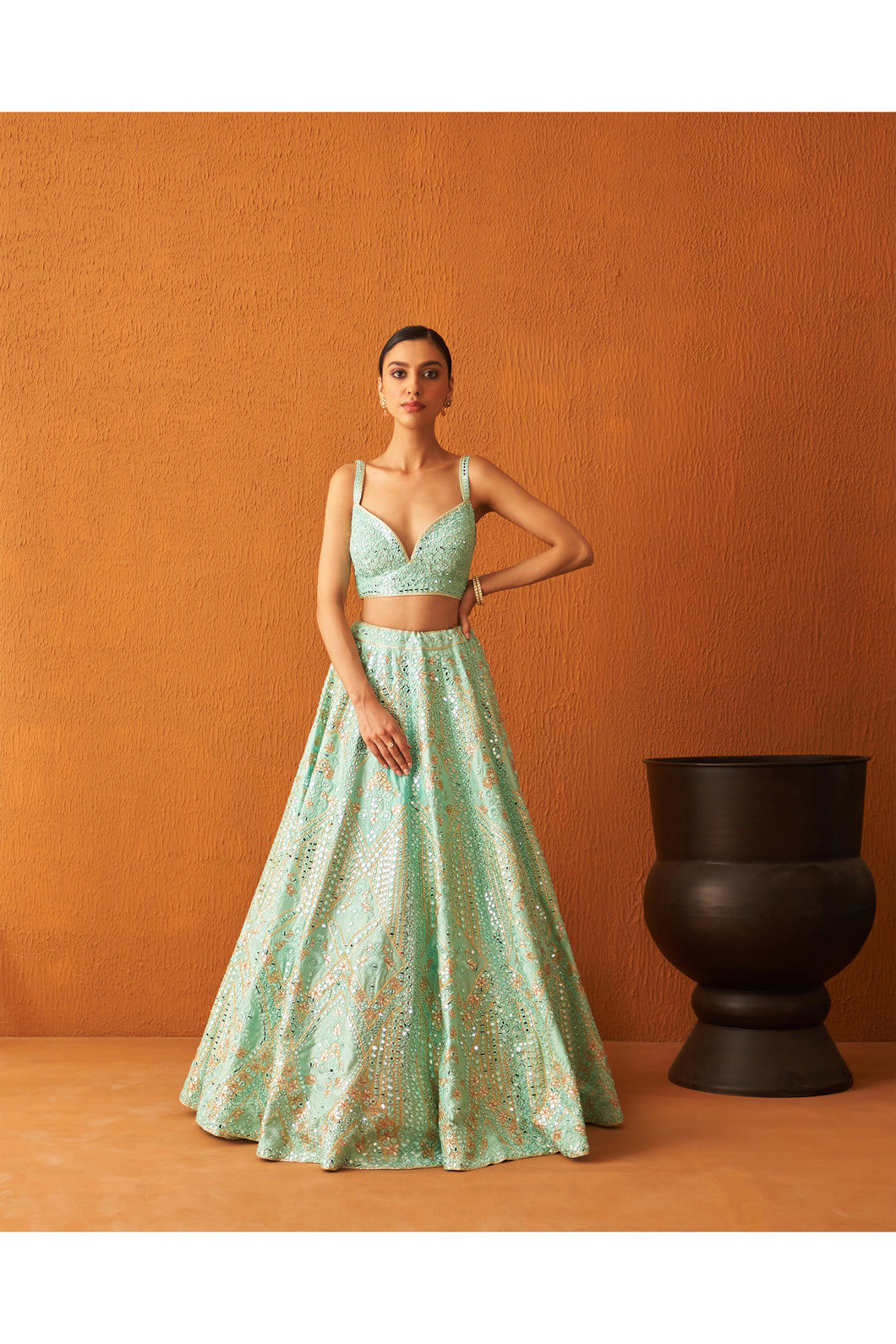 Sea Green Raw Silk Lehenga Set