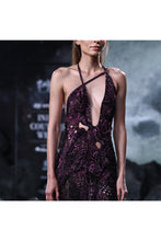 Load image into Gallery viewer, Black Tulle Crystallized cutwork column gown
