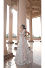 Load image into Gallery viewer, SOFT SAGE GREEN TULLE LEHENGA CHOLI AND BELT WITH A BLUSH INK DUPATTA
