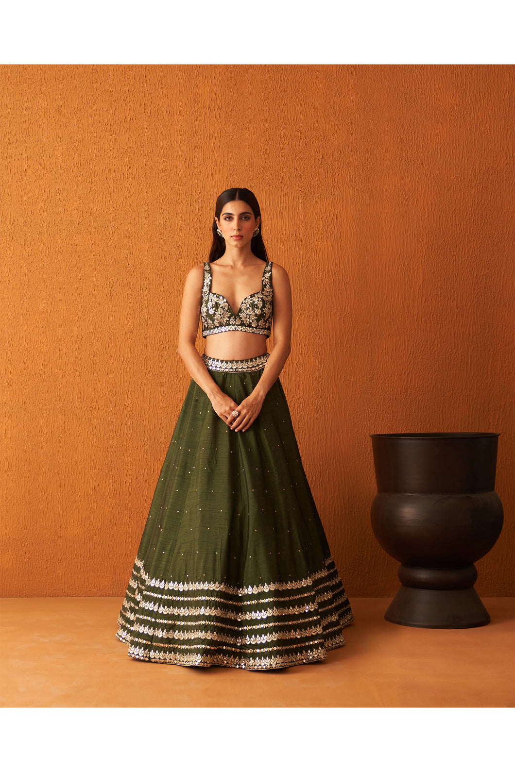 Forest Green Raw Silk Lehenga Set