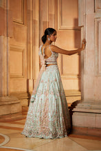 Load image into Gallery viewer, SOFT SAGE GREEN TULLE LEHENGA CHOLI AND BELT WITH A BLUSH INK DUPATTA
