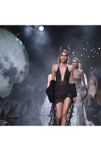 Load image into Gallery viewer, Black Tulle Crystallised cutwork body sculpted  Dress

