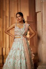 Load image into Gallery viewer, SOFT SAGE GREEN TULLE LEHENGA CHOLI AND BELT WITH A BLUSH INK DUPATTA
