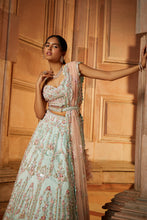 Load image into Gallery viewer, SOFT SAGE GREEN TULLE LEHENGA CHOLI AND BELT WITH A BLUSH INK DUPATTA
