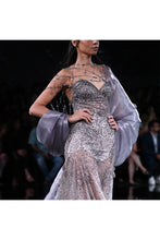 Load image into Gallery viewer, Pale Gunmetal shimmer tulle body con bustier Gown
