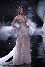 Load image into Gallery viewer, Pale Gunmetal shimmer tulle body con bustier Gown
