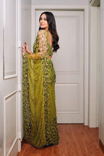 Load image into Gallery viewer, Predraped , mehendi green , hand embroidered net &amp; satin saree

