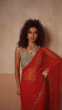 Load image into Gallery viewer, Predraped , red , hand embroidered net &amp; georgette saree with golden blouse
