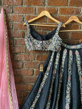 Load image into Gallery viewer, Black Resham and Mirror hand embroidered lehenga set with Blush Pink Dupatta
