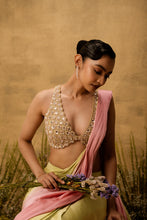 Load image into Gallery viewer, Pastel green &amp; pink ombre pre-draped modal satin saree with embroidered blouse
