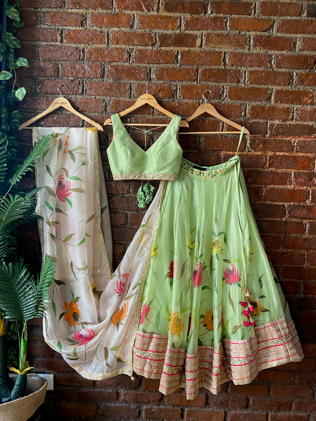 Mint Hand painted Organza Lehenga set