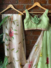 Load image into Gallery viewer, Mint Hand painted Organza Lehenga set
