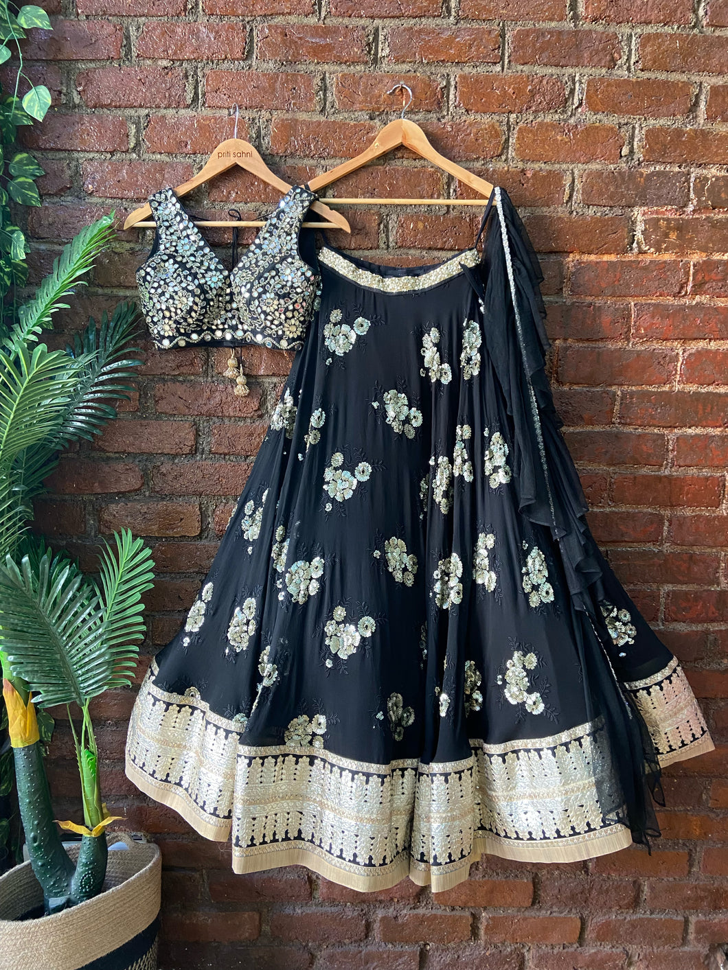 Black lehenga set with mirror work blouse