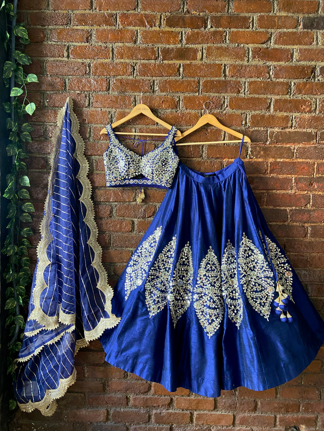 Royal Blue raw silk mirror work lehenga set