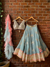 Load image into Gallery viewer, Dusty Blue and Blush Pink Mirror work lehenga set Gown
