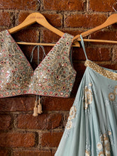 Load image into Gallery viewer, Dusty Blue and Blush Pink Mirror work lehenga set Gown
